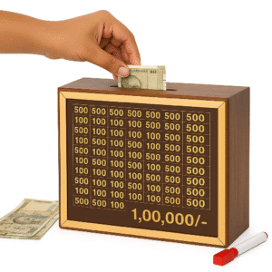 pookie toys wooden money visualization box, brown and gold, 100,000 rupees savings goal display board with marker, financial planning tool